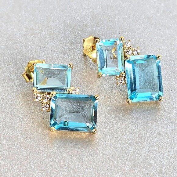 925 Sterling Silver Earrings 14K Gold Plated with Natural Topaz & CZ - Picture 7 of 7